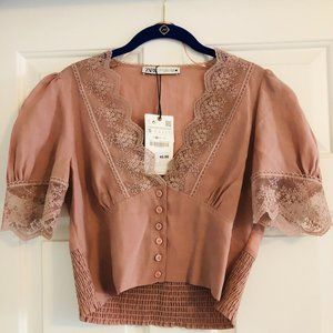 Zara Small Purple Lace Puff Sleeve Crop Top